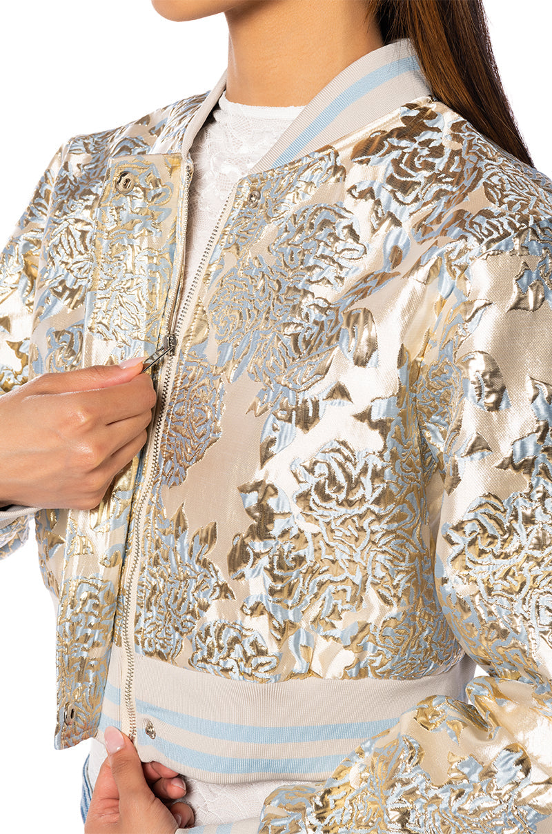BROCADE TAPESTRY VARSITY BOMBER IN BLUE MULTI